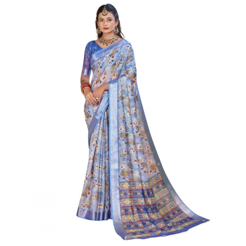 Mayawye Women's Printed Cotton Linen Saree withPrinted  Saree With Unstitched Blouse (Blue, 5-6Mtrs)