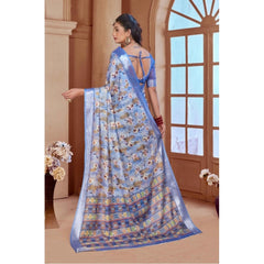 Mayawye Women's Printed Cotton Linen Saree withPrinted  Saree With Unstitched Blouse (Blue, 5-6Mtrs)