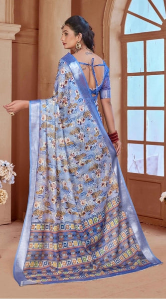 Mayawye Women's Printed Cotton Linen Saree withPrinted  Saree With Unstitched Blouse (Blue, 5-6Mtrs)