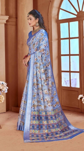 Mayawye Women's Printed Cotton Linen Saree withPrinted  Saree With Unstitched Blouse (Blue, 5-6Mtrs)