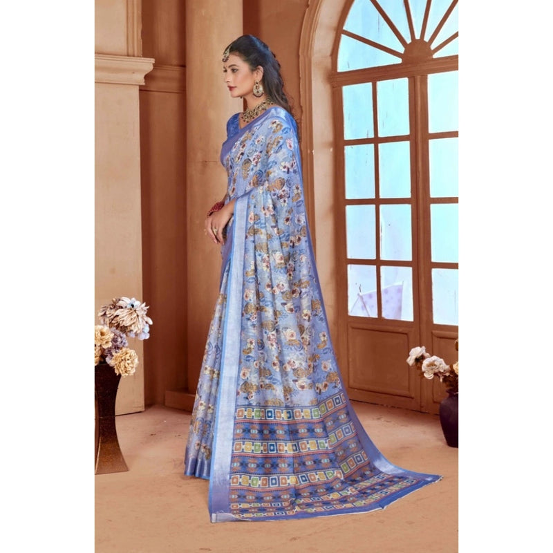 Mayawye Women's Printed Cotton Linen Saree withPrinted  Saree With Unstitched Blouse (Blue, 5-6Mtrs)