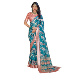 Mayawye Women's Printed Cotton Linen Saree withPrinted  Saree With Unstitched Blouse (Peacook Green, 5-6Mtrs)