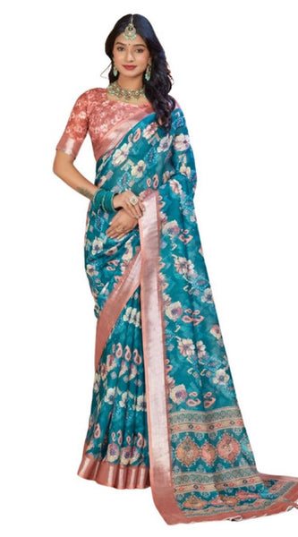 Mayawye Women's Printed Cotton Linen Saree withPrinted  Saree With Unstitched Blouse (Peacook Green, 5-6Mtrs)