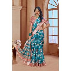 Mayawye Women's Printed Cotton Linen Saree withPrinted  Saree With Unstitched Blouse (Peacook Green, 5-6Mtrs)