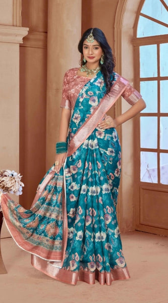 Mayawye Women's Printed Cotton Linen Saree withPrinted  Saree With Unstitched Blouse (Peacook Green, 5-6Mtrs)