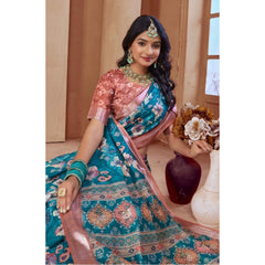 Mayawye Women's Printed Cotton Linen Saree withPrinted  Saree With Unstitched Blouse (Peacook Green, 5-6Mtrs)