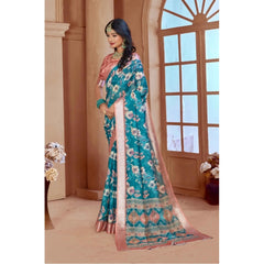Mayawye Women's Printed Cotton Linen Saree withPrinted  Saree With Unstitched Blouse (Peacook Green, 5-6Mtrs)