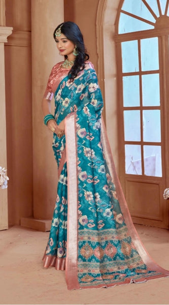 Mayawye Women's Printed Cotton Linen Saree withPrinted  Saree With Unstitched Blouse (Peacook Green, 5-6Mtrs)