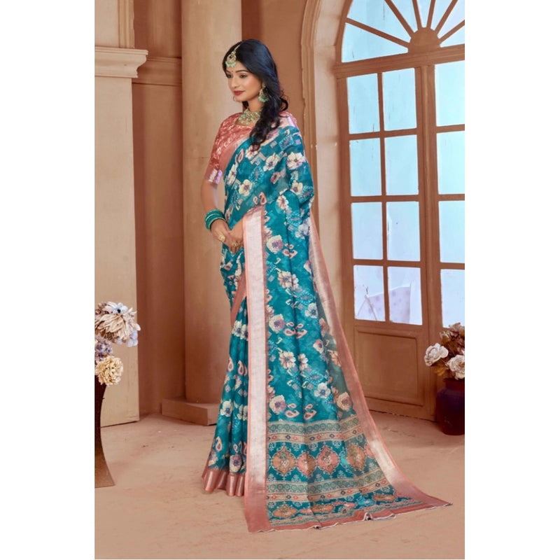 Mayawye Women's Printed Cotton Linen Saree withPrinted  Saree With Unstitched Blouse (Peacook Green, 5-6Mtrs)