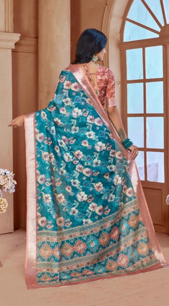 Mayawye Women's Printed Cotton Linen Saree withPrinted  Saree With Unstitched Blouse (Peacook Green, 5-6Mtrs)