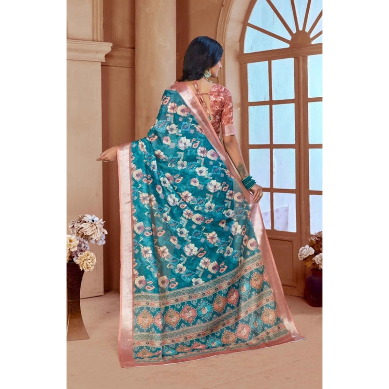 Mayawye Women's Printed Cotton Linen Saree withPrinted  Saree With Unstitched Blouse (Peacook Green, 5-6Mtrs)