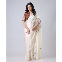 Mayawye Women's Soft Crepe Silk Printed Ready To Wear Saree With Unstitched Blouse 5.5Mtr (Off White)