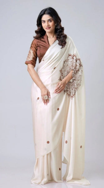 Mayawye Women's Soft Crepe Silk Printed Ready To Wear Saree With Unstitched Blouse 5.5Mtr (Off White)