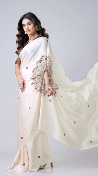 Mayawye Women's Soft Crepe Silk Printed Ready To Wear Saree With Unstitched Blouse 5.5Mtr (Off White)