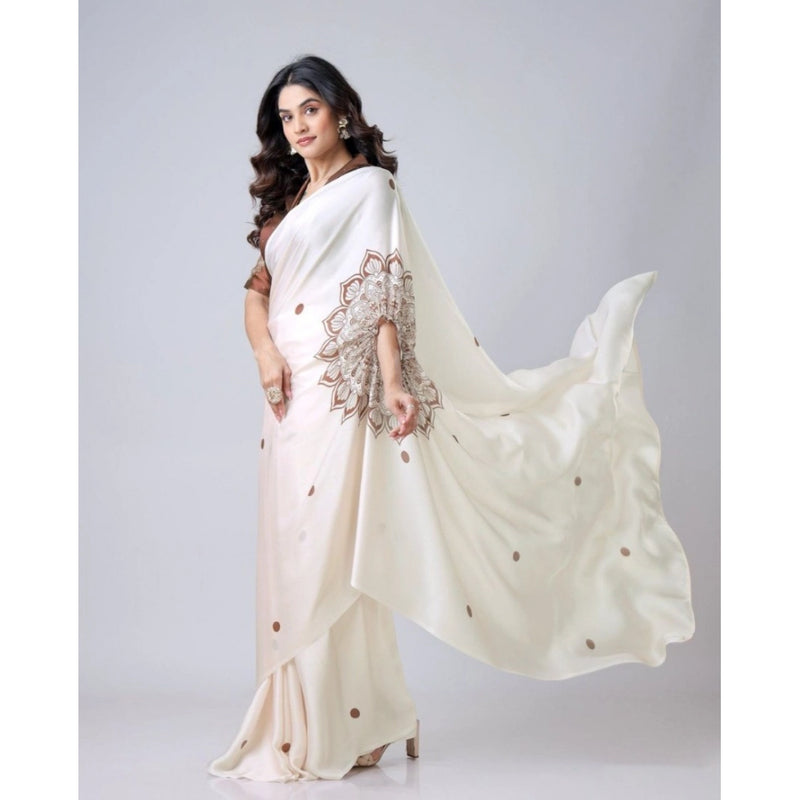 Mayawye Women's Soft Crepe Silk Printed Ready To Wear Saree With Unstitched Blouse 5.5Mtr (Off White)