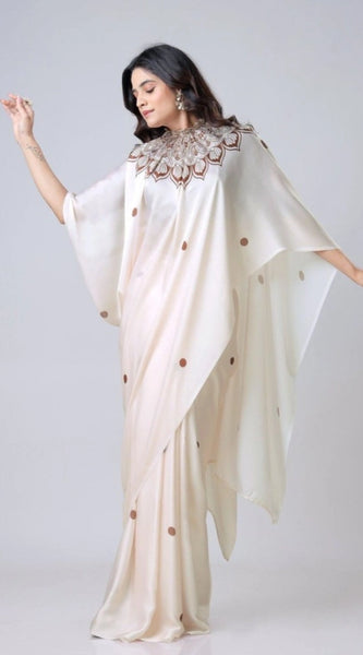 Mayawye Women's Soft Crepe Silk Printed Ready To Wear Saree With Unstitched Blouse 5.5Mtr (Off White)