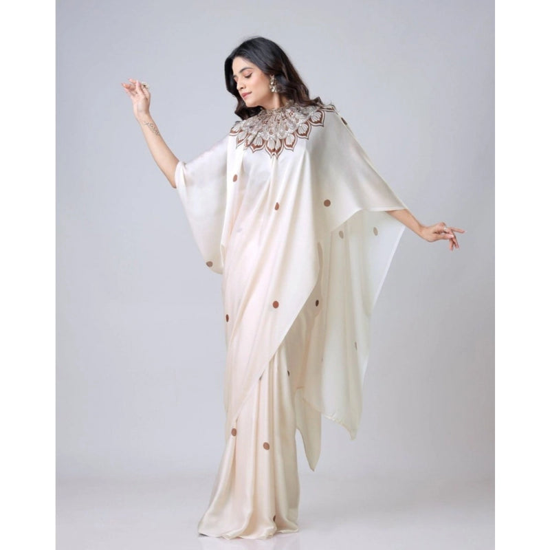 Mayawye Women's Soft Crepe Silk Printed Ready To Wear Saree With Unstitched Blouse 5.5Mtr (Off White)