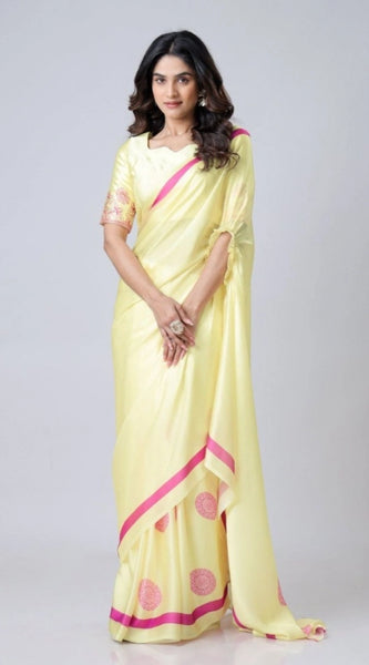 Mayawye Women's Soft Crepe Silk Printed Ready To Wear Saree With Unstitched Blouse 5.5Mtr (Light Yellow)
