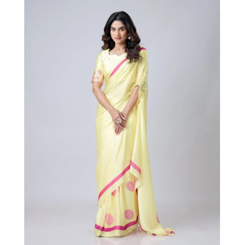 Mayawye Women's Soft Crepe Silk Printed Ready To Wear Saree With Unstitched Blouse 5.5Mtr (Light Yellow)