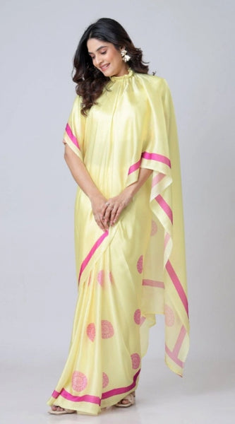 Mayawye Women's Soft Crepe Silk Printed Ready To Wear Saree With Unstitched Blouse 5.5Mtr (Light Yellow)