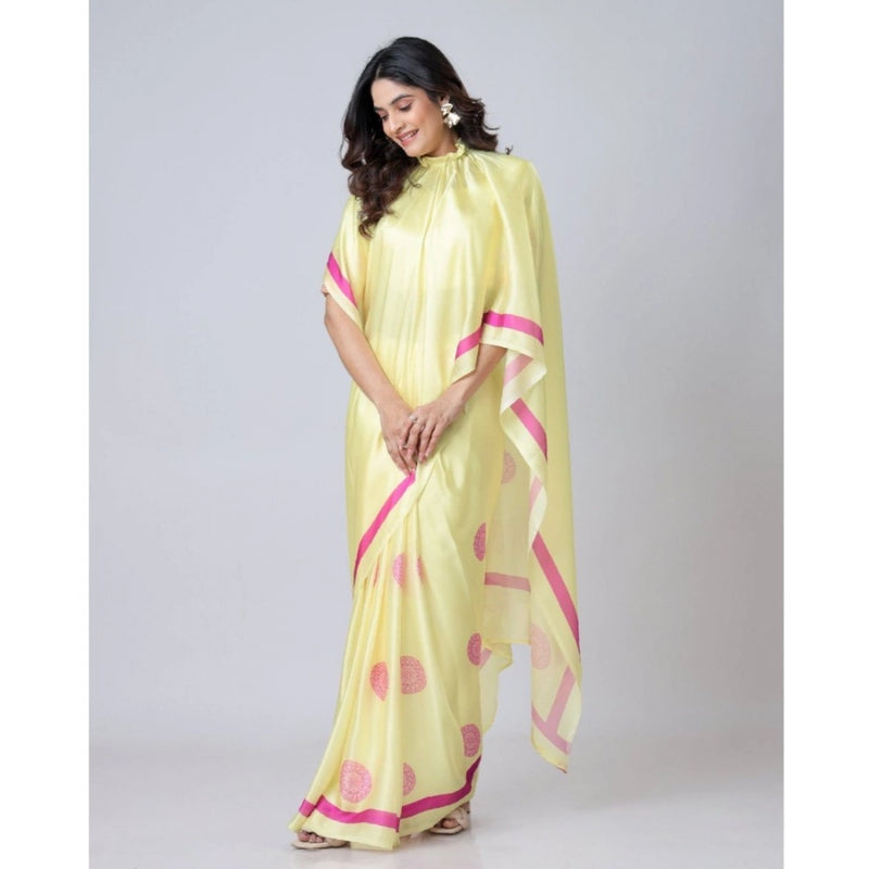 Mayawye Women's Soft Crepe Silk Printed Ready To Wear Saree With Unstitched Blouse 5.5Mtr (Light Yellow)