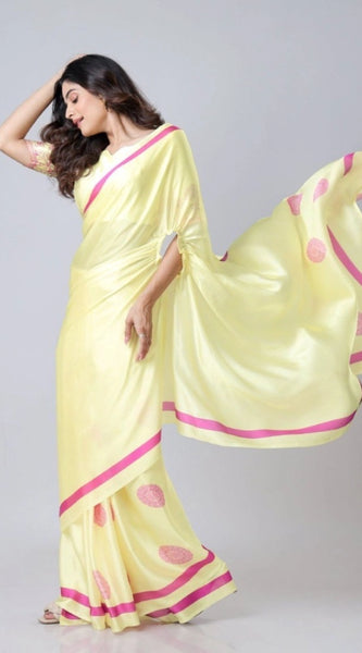 Mayawye Women's Soft Crepe Silk Printed Ready To Wear Saree With Unstitched Blouse 5.5Mtr (Light Yellow)
