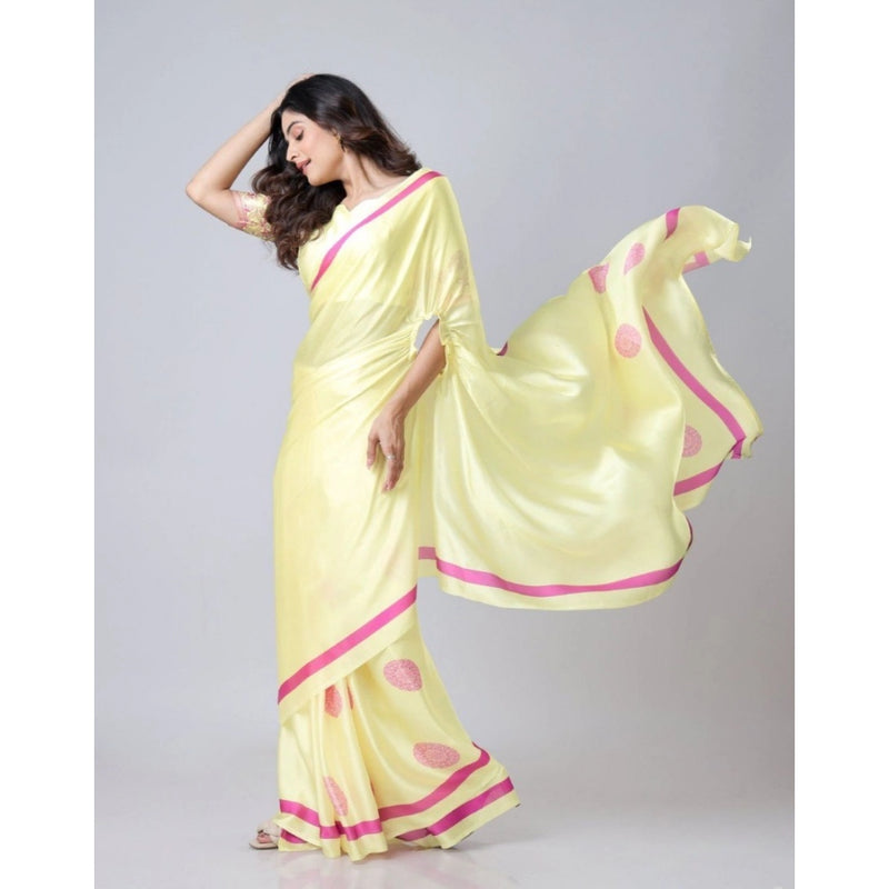 Mayawye Women's Soft Crepe Silk Printed Ready To Wear Saree With Unstitched Blouse 5.5Mtr (Light Yellow)