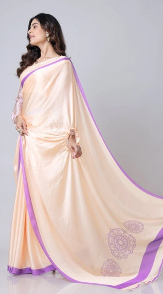Mayawye Women's Soft Crepe Silk Printed Ready To Wear Saree With Unstitched Blouse 5.5Mtr (Beige)