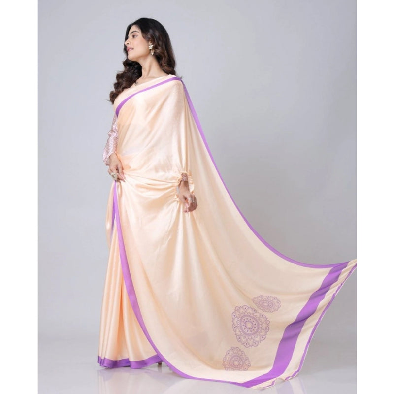 Mayawye Women's Soft Crepe Silk Printed Ready To Wear Saree With Unstitched Blouse 5.5Mtr (Beige)