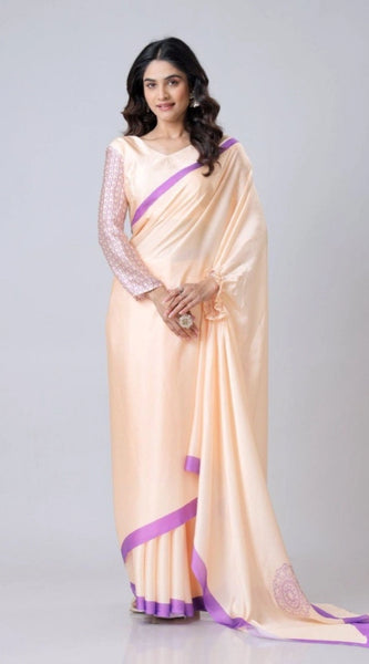 Mayawye Women's Soft Crepe Silk Printed Ready To Wear Saree With Unstitched Blouse 5.5Mtr (Beige)
