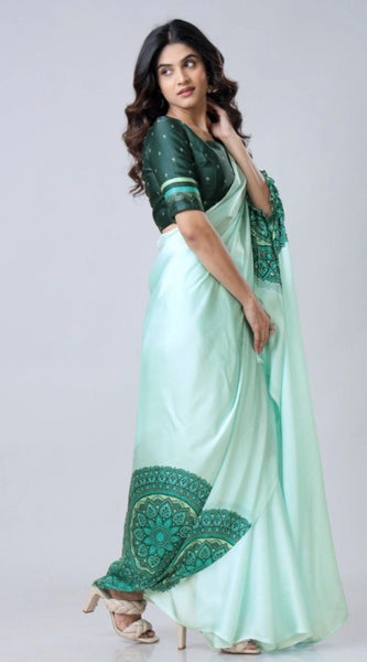 Mayawye Women's Soft Crepe Silk Printed Ready To Wear Saree With Unstitched Blouse 5.5Mtr (Green)