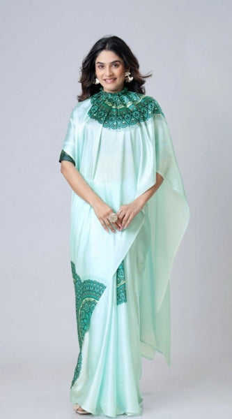 Mayawye Women's Soft Crepe Silk Printed Ready To Wear Saree With Unstitched Blouse 5.5Mtr (Green)