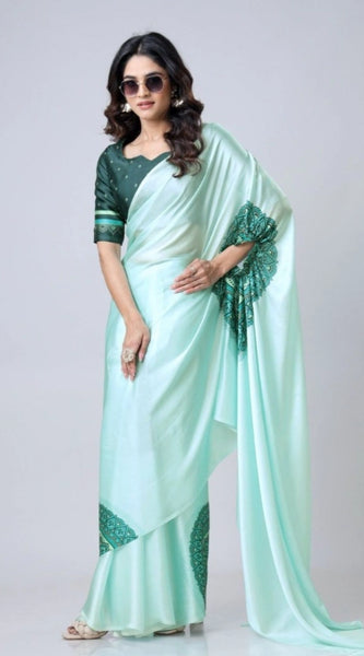 Mayawye Women's Soft Crepe Silk Printed Ready To Wear Saree With Unstitched Blouse 5.5Mtr (Green)