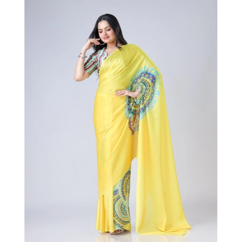 Mayawye Women's Soft Crepe Silk Printed Ready To Wear Saree With Unstitched Blouse 5.5Mtr (Yellow)