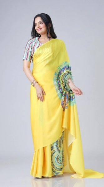 Mayawye Women's Soft Crepe Silk Printed Ready To Wear Saree With Unstitched Blouse 5.5Mtr (Yellow)