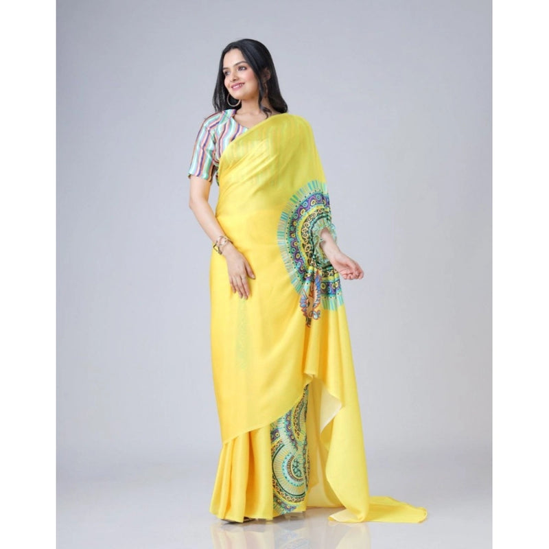 Mayawye Women's Soft Crepe Silk Printed Ready To Wear Saree With Unstitched Blouse 5.5Mtr (Yellow)