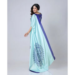 Mayawye Women's Soft Crepe Silk Printed Ready To Wear Saree With Unstitched Blouse 5.5Mtr (Turquoise)