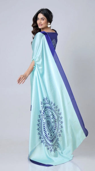 Mayawye Women's Soft Crepe Silk Printed Ready To Wear Saree With Unstitched Blouse 5.5Mtr (Turquoise)