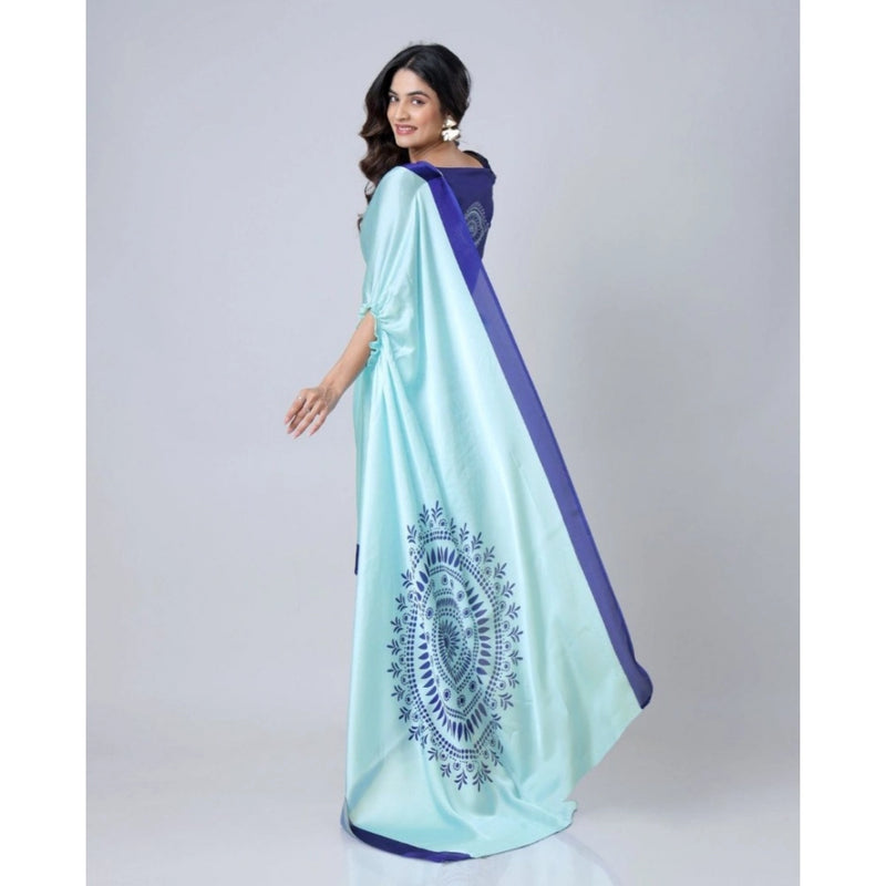 Mayawye Women's Soft Crepe Silk Printed Ready To Wear Saree With Unstitched Blouse 5.5Mtr (Turquoise)