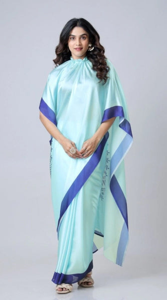 Mayawye Women's Soft Crepe Silk Printed Ready To Wear Saree With Unstitched Blouse 5.5Mtr (Turquoise)