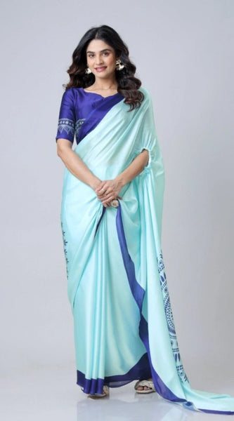 Mayawye Women's Soft Crepe Silk Printed Ready To Wear Saree With Unstitched Blouse 5.5Mtr (Turquoise)