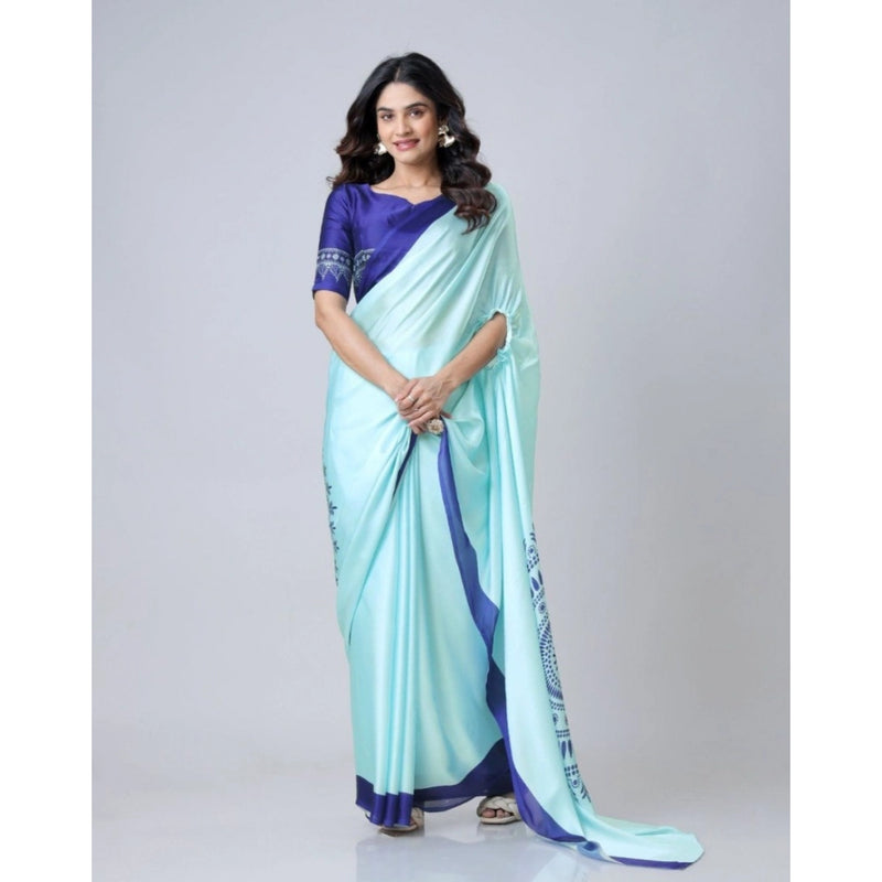 Mayawye Women's Soft Crepe Silk Printed Ready To Wear Saree With Unstitched Blouse 5.5Mtr (Turquoise)
