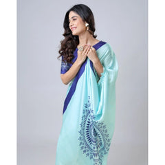 Mayawye Women's Soft Crepe Silk Printed Ready To Wear Saree With Unstitched Blouse 5.5Mtr (Turquoise)