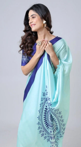 Mayawye Women's Soft Crepe Silk Printed Ready To Wear Saree With Unstitched Blouse 5.5Mtr (Turquoise)