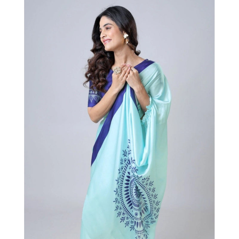 Mayawye Women's Soft Crepe Silk Printed Ready To Wear Saree With Unstitched Blouse 5.5Mtr (Turquoise)