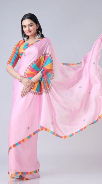 Mayawye Women's Soft Crepe Silk Printed Ready To Wear Saree With Unstitched Blouse 5.5Mtr (Pink)