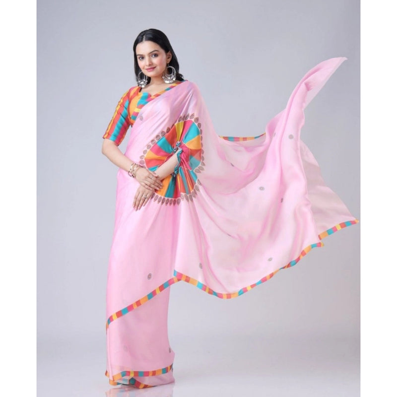 Mayawye Women's Soft Crepe Silk Printed Ready To Wear Saree With Unstitched Blouse 5.5Mtr (Pink)