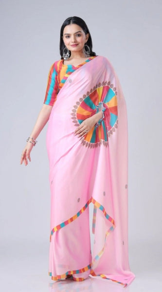 Mayawye Women's Soft Crepe Silk Printed Ready To Wear Saree With Unstitched Blouse 5.5Mtr (Pink)