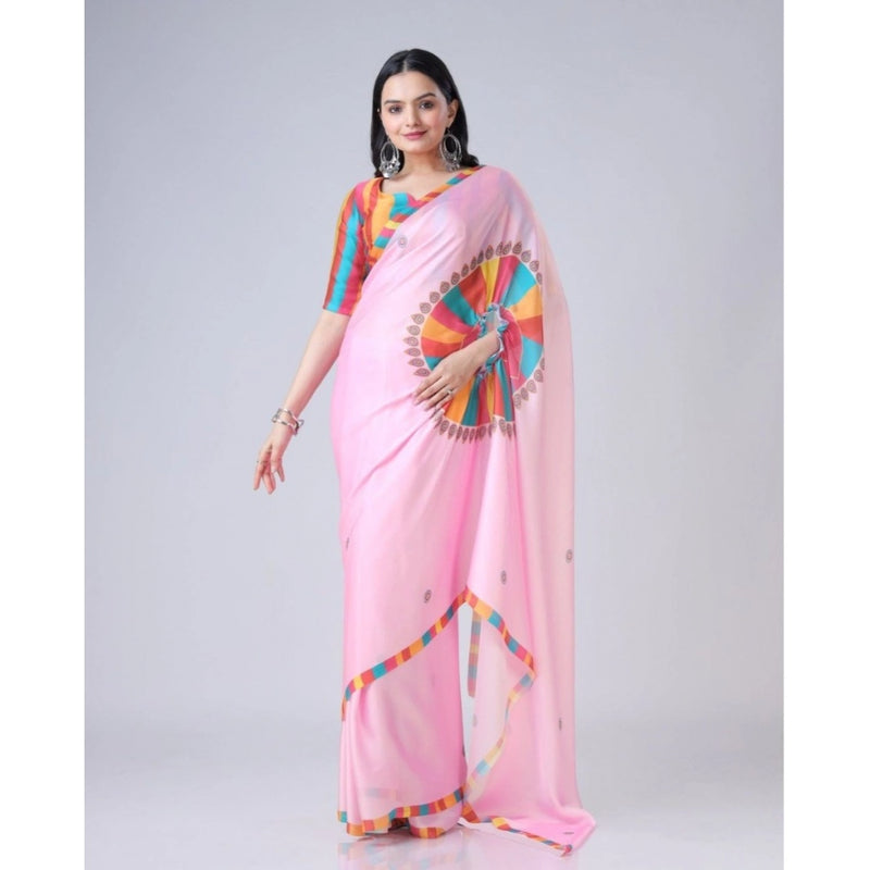 Mayawye Women's Soft Crepe Silk Printed Ready To Wear Saree With Unstitched Blouse 5.5Mtr (Pink)