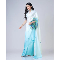 Mayawye Women's Soft Crepe Silk Printed Ready To Wear Saree With Unstitched Blouse 5.5Mtr (Sky Blue)